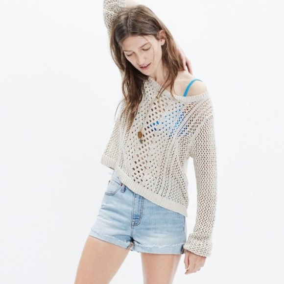 MADEWELL Summer Stitch Pullover Crochet Sweater Open Knit Tan Long Sleeves XS - Picture 3 of 11